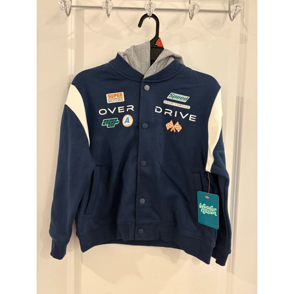 Wonder Nation Boys Racing Varsity Hooded Jacket Size 8 Navy NWT